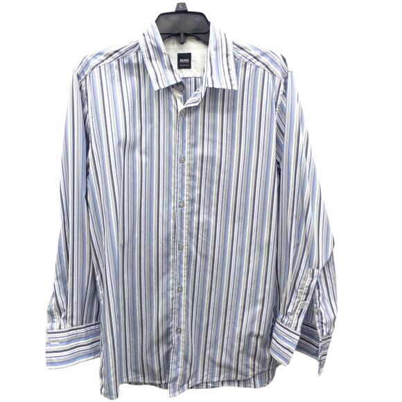 Boss Hugo Boss Mens Button Down Dress Shirt  Regular Fit Medium Blue Gray Stripe - Picture 1 of 5
